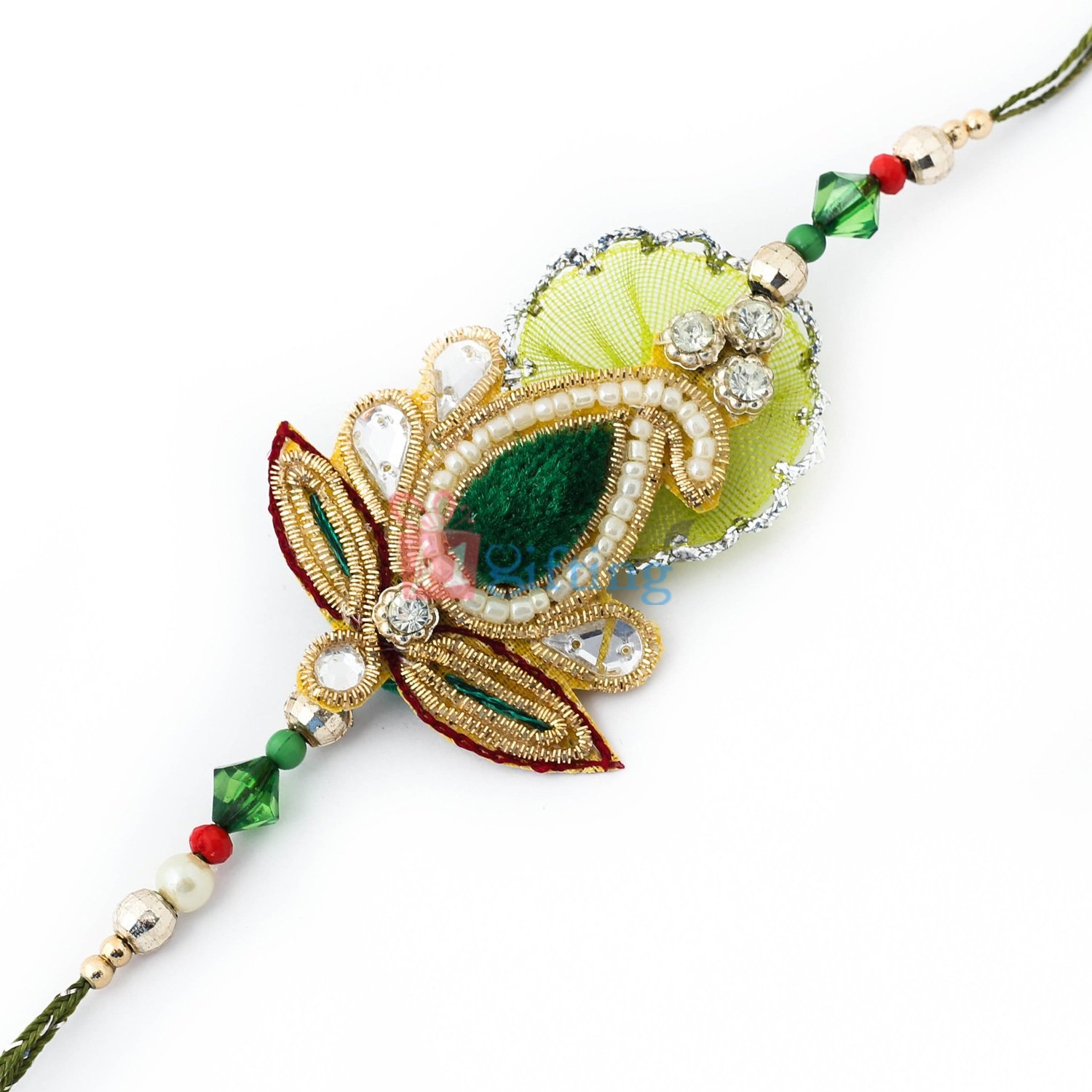 Appealing natural green crystal zardosi Rakhi