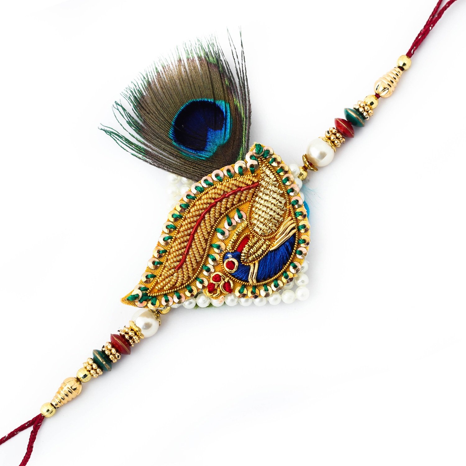 Fine design of round peacock feather zardosi Rakhi