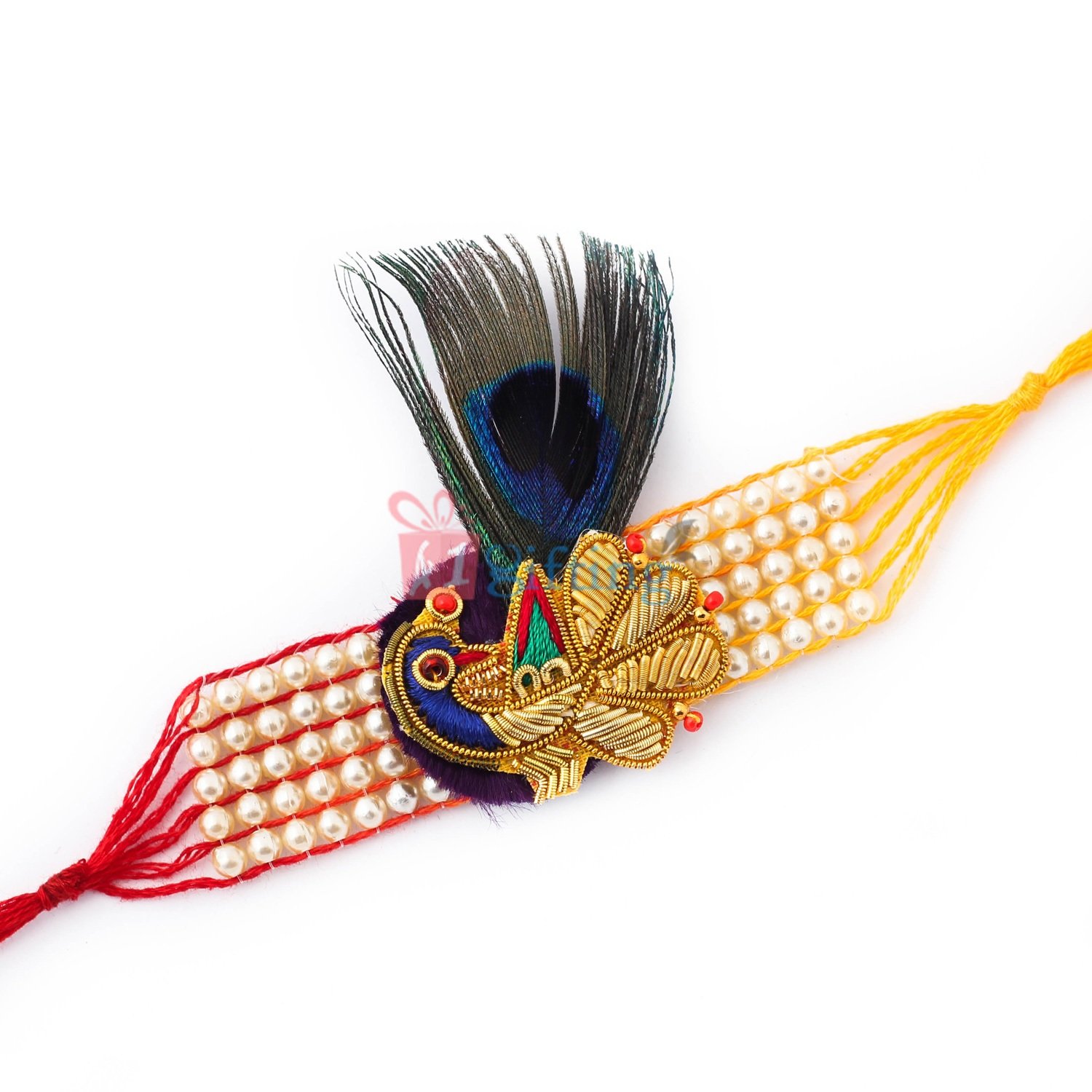 Auspicious peacock feather design Rakhi with pearl
