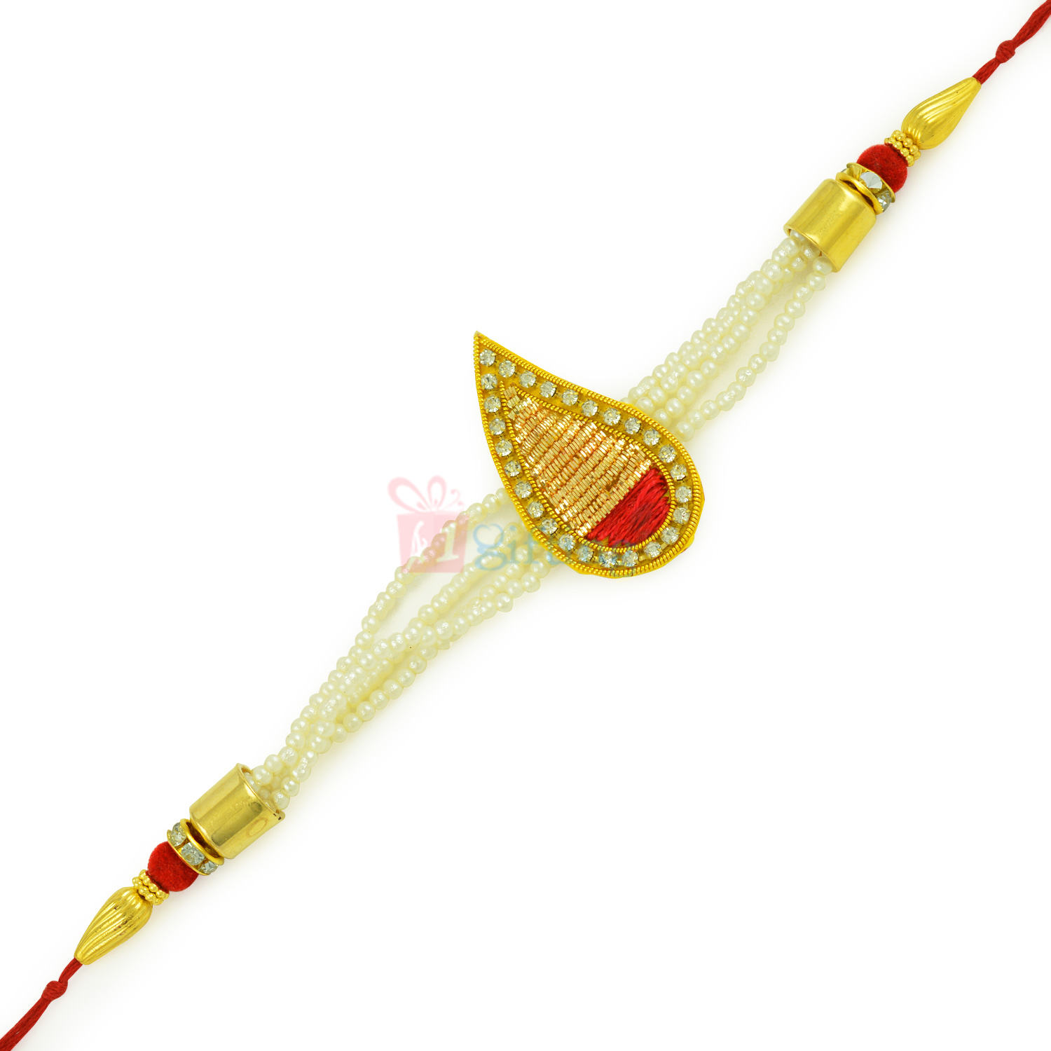 Zardozi Tilak Shape Diamond Bordered Rakhi with Pearl Strings