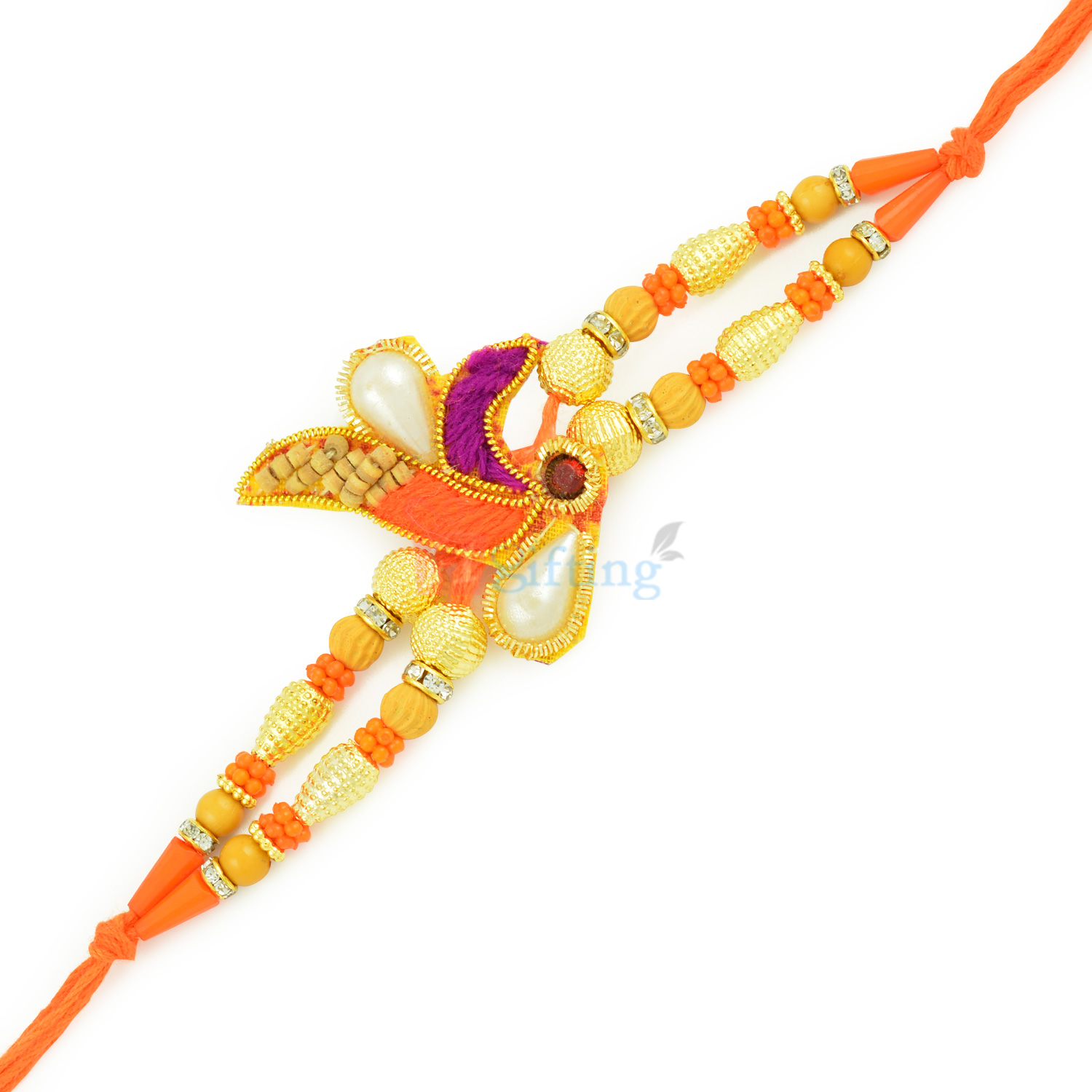 Carved Golden and Diamond Rings with Pearl and Wooden Work Rakhi