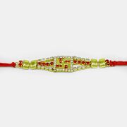 Auspicious Swastik Rakhi with Golden Beads and Silver Diamonds