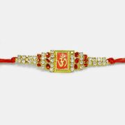 Beautiful Om Rakhi with Red and Silver Diamonds