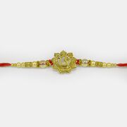 Floral Shape Golden Om Rakhi with Pearls