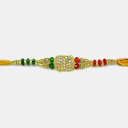 Golden Sikh Onkar Rakhi with Multicolored Beads 