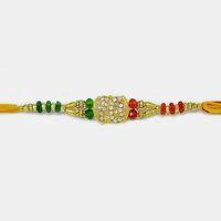 Golden Sikh Onkar Rakhi with Multicolored Beads 