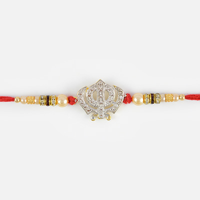 Beautiful Silver Colored Khanda Rakhi with Golden Beads