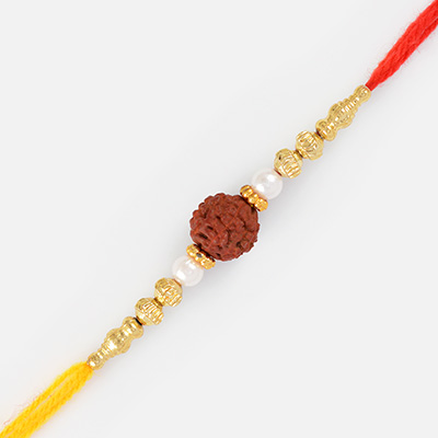 Central Auspicious Rudraksh Rakhi with Pearls and Golden Beads