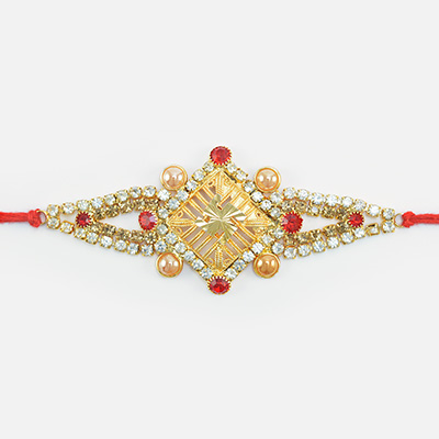 Awesome Looking Silver and Red Jewel Studded Pearl Golden Swastika Rakhi