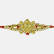 Awesome Looking Silver and Red Jewel Studded Pearl Golden Swastika Rakhi