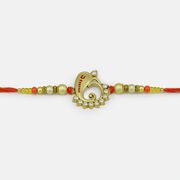 Antique Looking Awesome Color Jewel Studded Ganesha with Golden Beads Rakhi for Brother