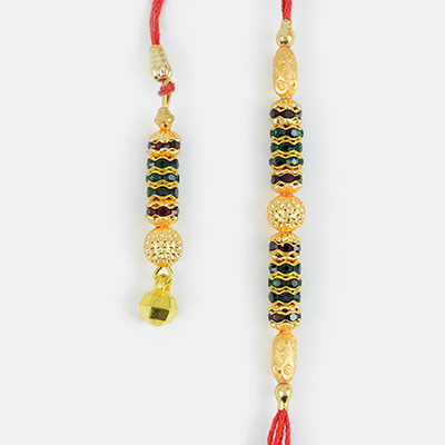 Exclusive Design of Golden Beads Rakhi Set for Bhaiya and Bhabhi