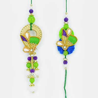 Zari Resham Work Dangler Beads Designer Pair Rakhi Set