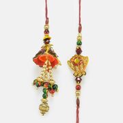 Red Stone and Golden Beads Zardosi Rakhi for Bhaiya and Bhabhi