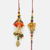 Red Stone and Golden Beads Zardosi Rakhi for Bhaiya and Bhabhi