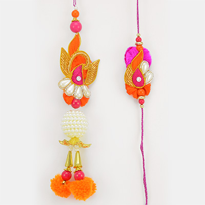 Orange and Pink Combination Zari and Pearl Combo Rakhi 