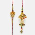 Golden Beads and Zari Zardozi work Rakhi Set for Bhaiya Bhabhi