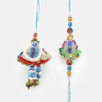 Multi Shaped Colorful Danglers and Pearl Zari Work Rakhi Set