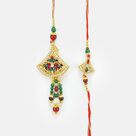Triangle Shape Golden Base Jewels Rakhi Set with Colorful Gems
