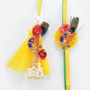 Antique Peacock Design Yellow Color Rakhi Pair for Bhaiya and Bhabhi