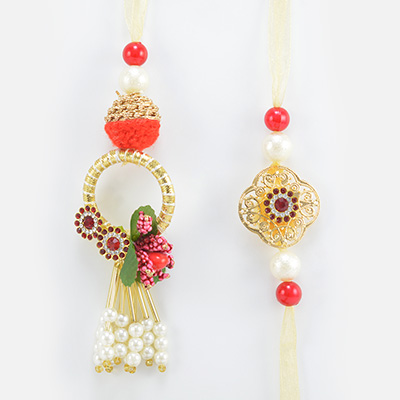Golden Color Awesome Looking Design and Fancy Rakhi Set for Bhaiya and Bhabhi