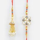 Flower Shape Big Jewel Studded Bhaiya Rakhi with Hanging Pearl Lumba Rakhi for Bhabhi