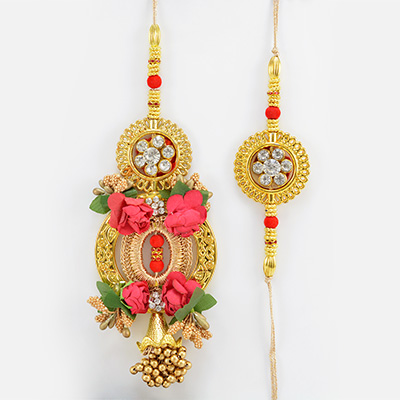 Rich Collection of Heavy Design New Golden Color Bhabhi Rakhi with Flower Shape Jewel Bhai Rakhi