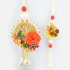 Flower Shape Zardosi Rich Work Hand Crafted Beautiful Rakhi Pair for Brother and Bhabhi