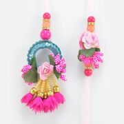Awesome Pink Color Design Amazing Lumba Rakhi for Bhabhi with Flower Rakhi for Brother