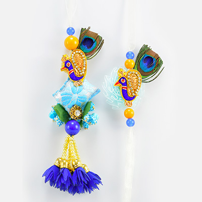 Sky Blue Color Design Peacock on Top Amazing Looking Pair of Rakhis for Bhaiya and Bhabhi