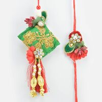 Zardosi Work Design Lumba for Bhabhi with Simple Flower Studded Jewel Brother Rakhi