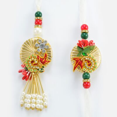 Amazing Looking Handcrafted Flower Design Pair of Pearl Rakhis for Bhaiya and Bhabhi