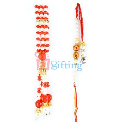 Red Glass, Golden and Pearl Beads Rich Looking Rakhi Set