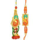 Golden Chunri Zardosi Work Rakhi Set for  Bhai and Bhabhi