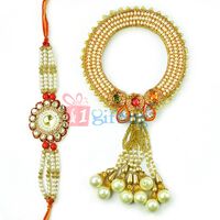 Superb Pearl Kangan Rakhi for Bhabhi with Diamond Rakhi for Bhaiya