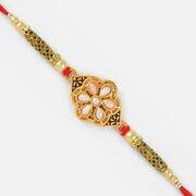 Golden Rakhi with White and Golden Beads