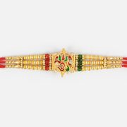 Beautiful Om Rakhi with Sandalwood and Red-Green Beads
