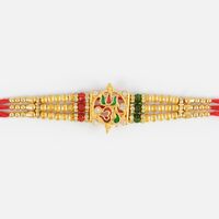 Beautiful Om Rakhi with Sandalwood and Red-Green Beads
