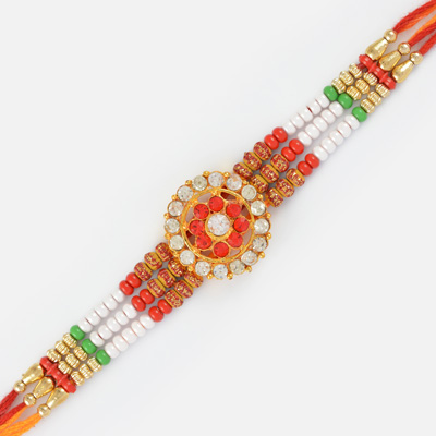 Circular shaped Studded Diamond Rakhi with Multicolored Beads