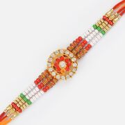 Circular Shaped Studded Diamond Rakhi with Multicolored Beads