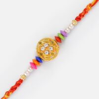 Beautiful Golden Base Diamonds Rakhi with Multicolored Gems