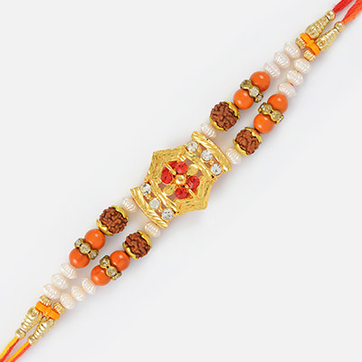Golden Diamond Rakhi with Rudraksh and Beads
