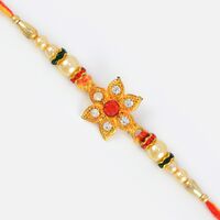 Floral Shape Central Red Stone Pearl Rakhi