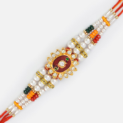 Central Red Base Diamond Rakhi with Pearl