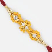Pretty Yellow Designer and Golden Beads Mauli Rakhi for Bhaiya