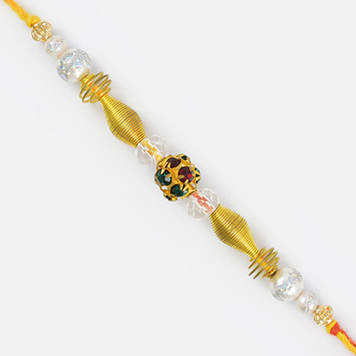 Golden Wired Ring Glass Diamond Beads Beautiful Rakhi