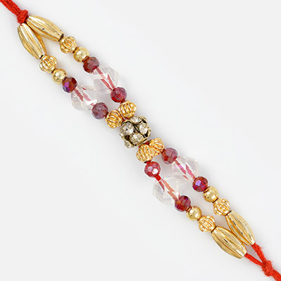 Floral Design Base Diamond Work Rakhi with Muliti- Design Red Beads