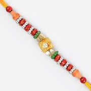 Glaring Silver Golden and Red Beaded Rakhi with Diamond