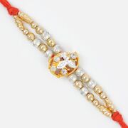 Golden Silver Beaded Mauli Rakhi with Golden and Diamond Center