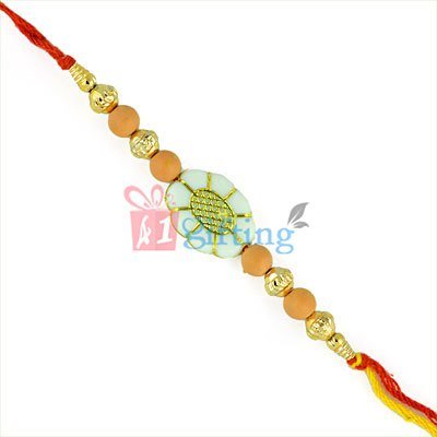 Floral Bloom of Chandan and Golden Beads Rakhi for Brother